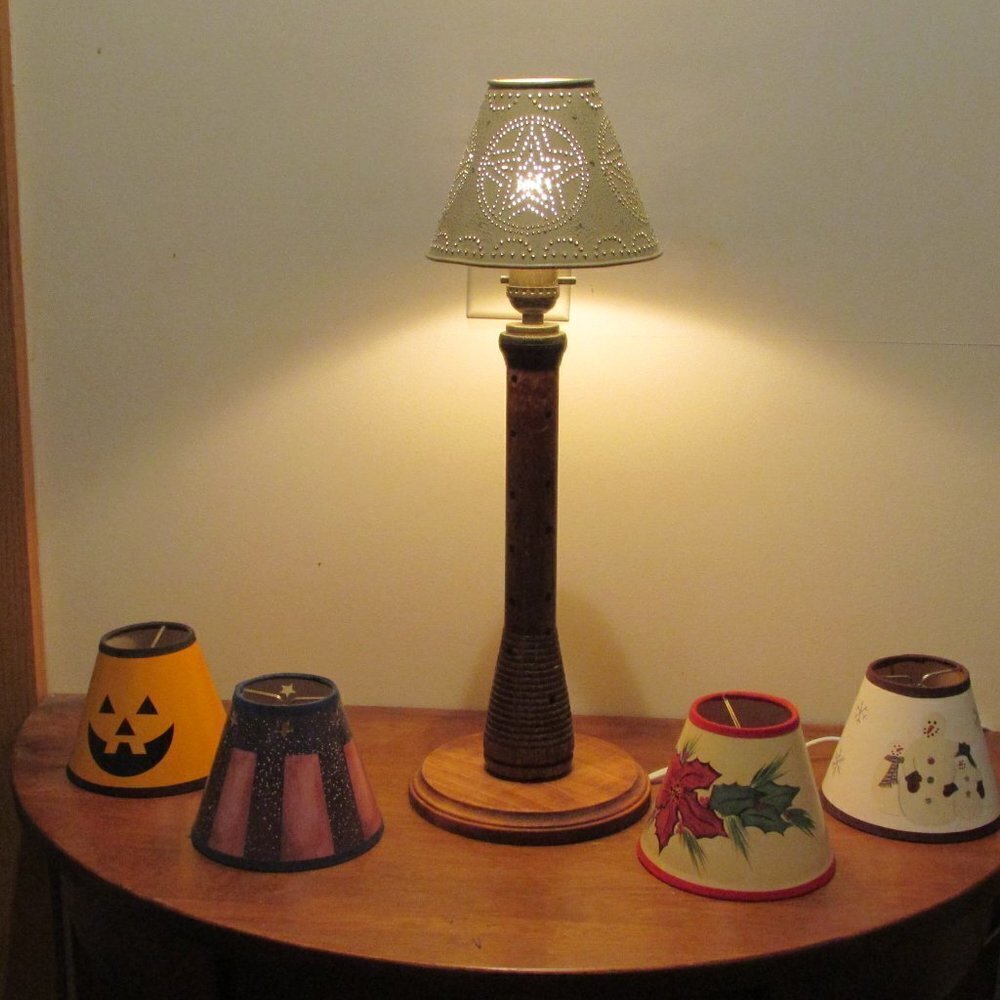 hand crafted antique spool lamp with five changeable shades rustic primitive - Picture 2 of 9